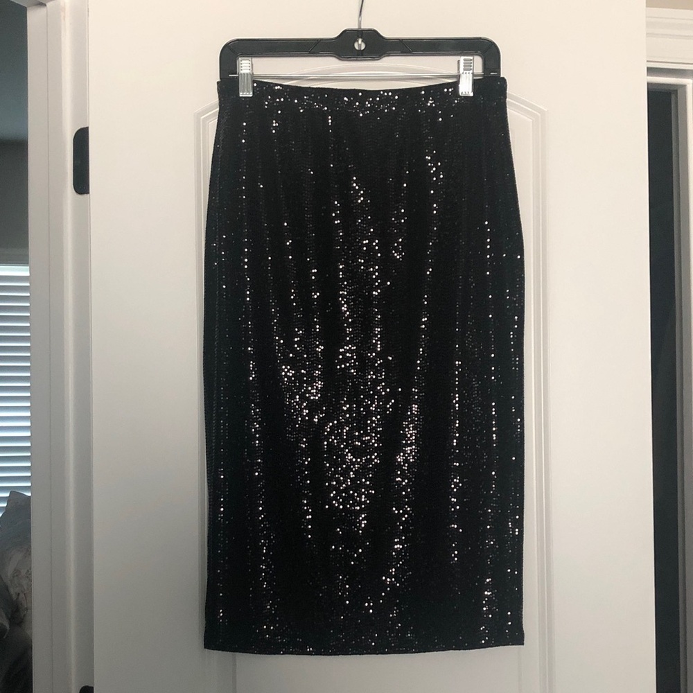 bebe Black metallic sparkle pull on pencil stretch midi Skirt M Glam Cocktail